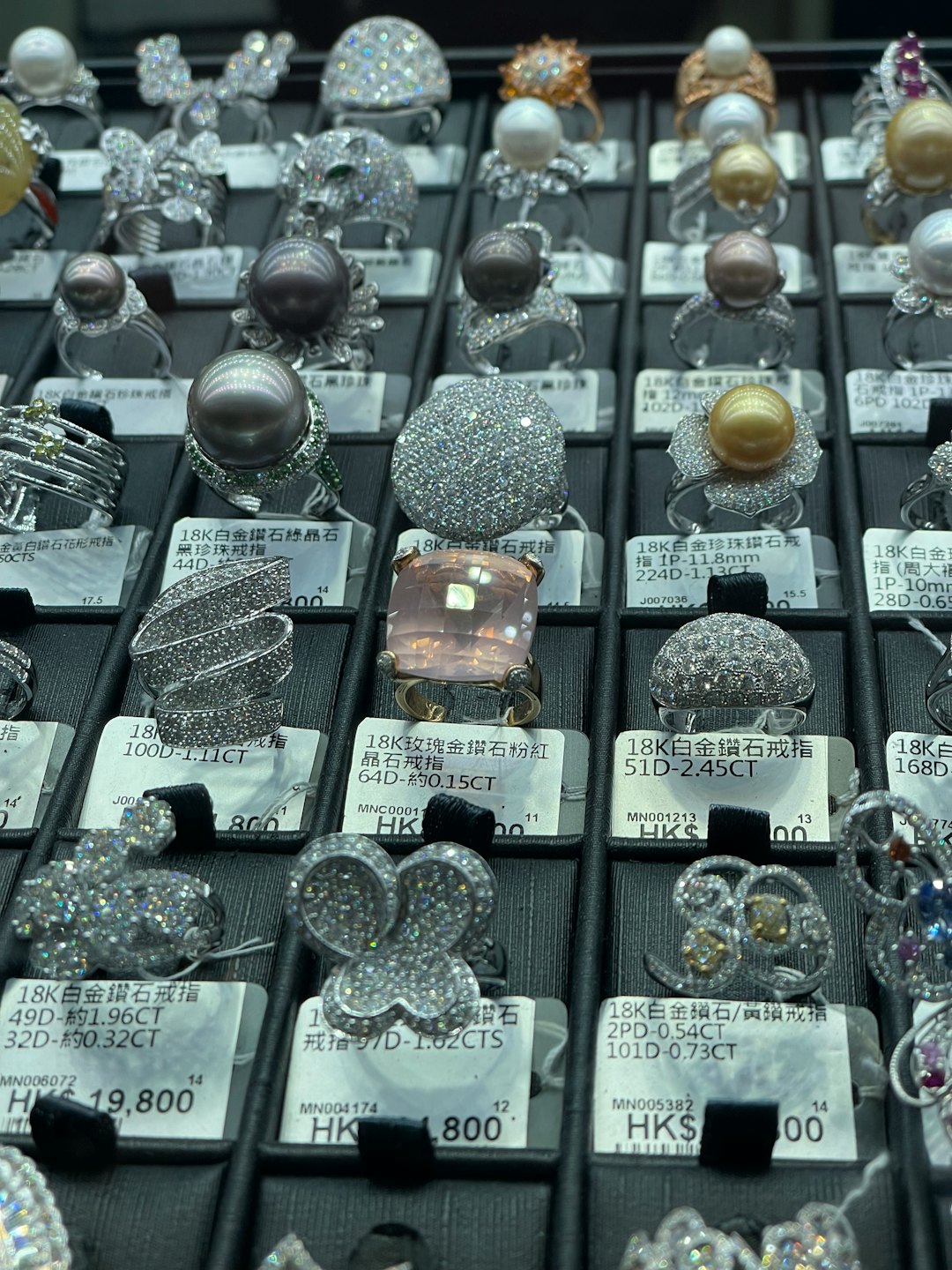 Luxury rings with gemstones displayed on a jewelry tray.