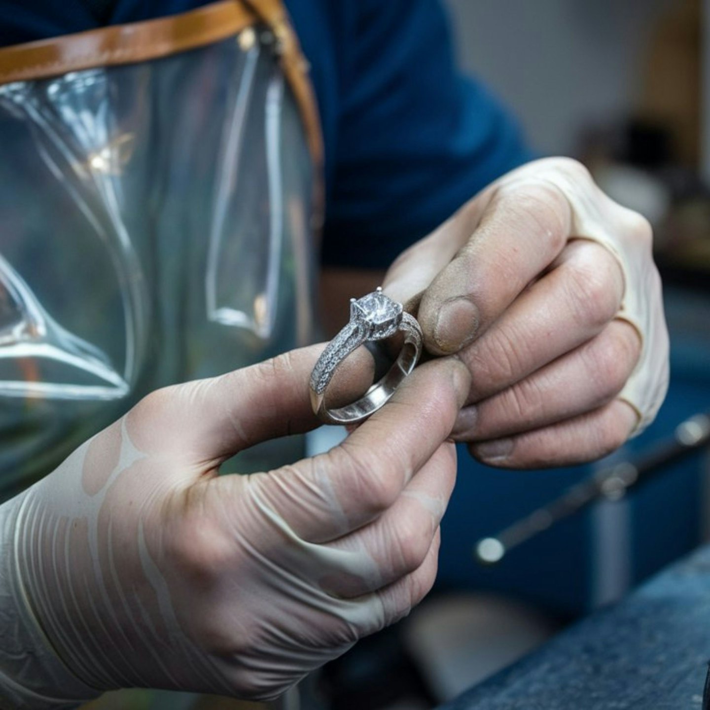 Jeweler wearing gloves examines a diamond ring in a workshop.